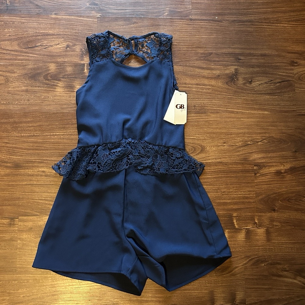 Girls Size L Seeveless Romper Navy Blue Open Back with Lace